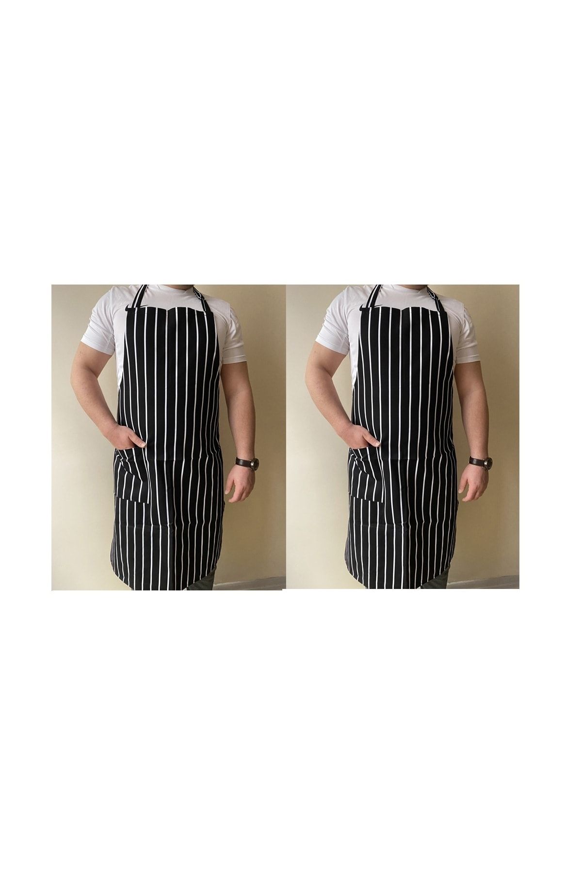 Umut Tekstil 2 Adet Mutfak Önlüğü Garson Aşçı Şef Servis Boydan Askılı Cepli Unisex Siyah Beyaz Çizgili