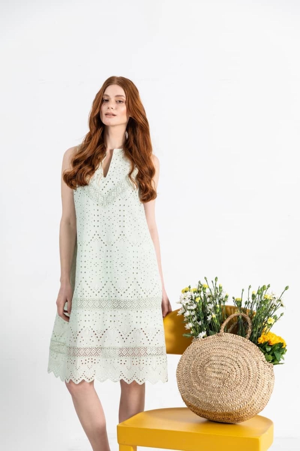 By Mare Style Kolsuz Saf Pamuk Su Yeşili Brode Elbise Chose Dress