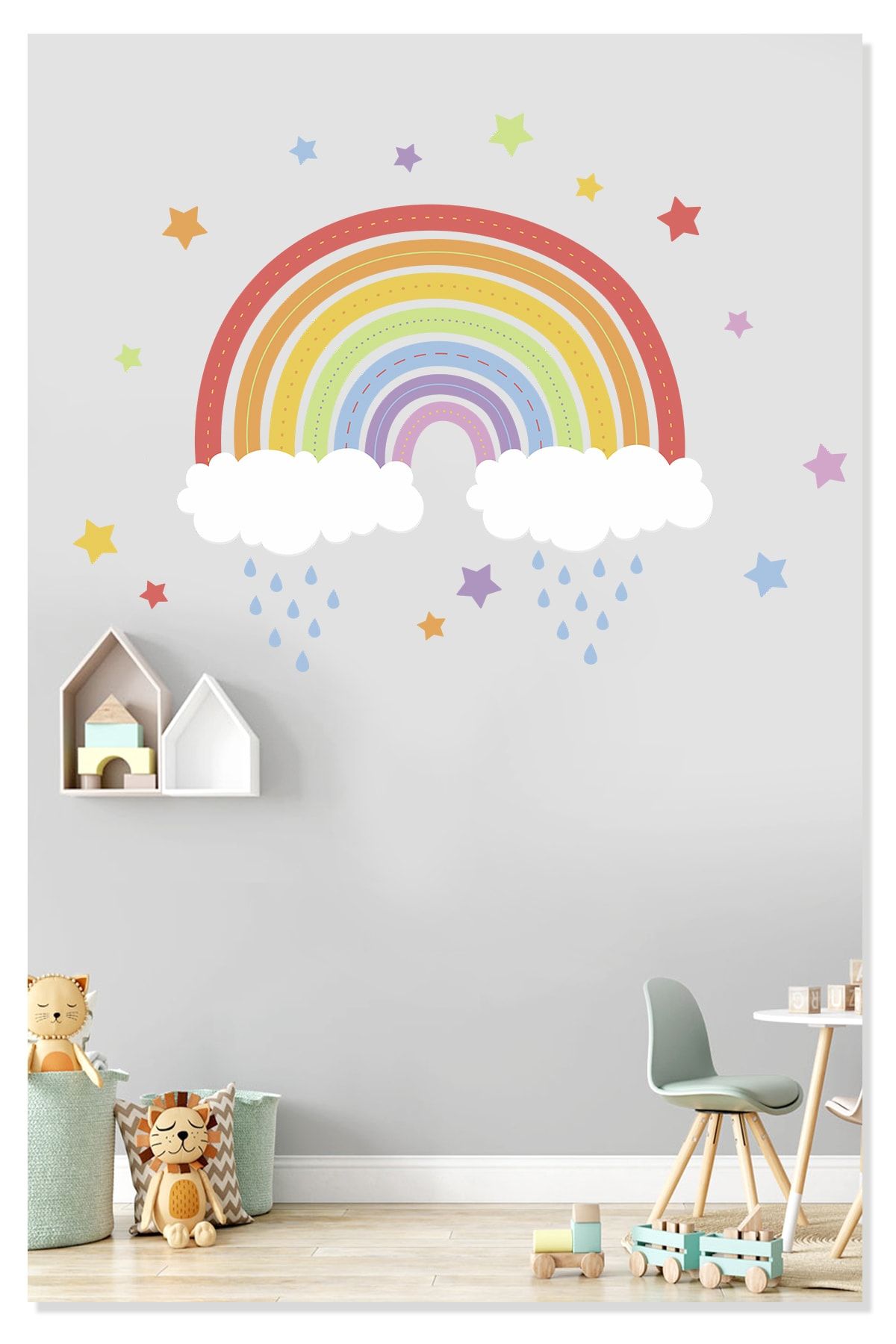 Sticker Sepetim Gökkuşağı Renkli Yıldızlar Bulutlar Ve Yağmur Dekoratif Çocuk Odası Duvar Sticker Duvar Süsü