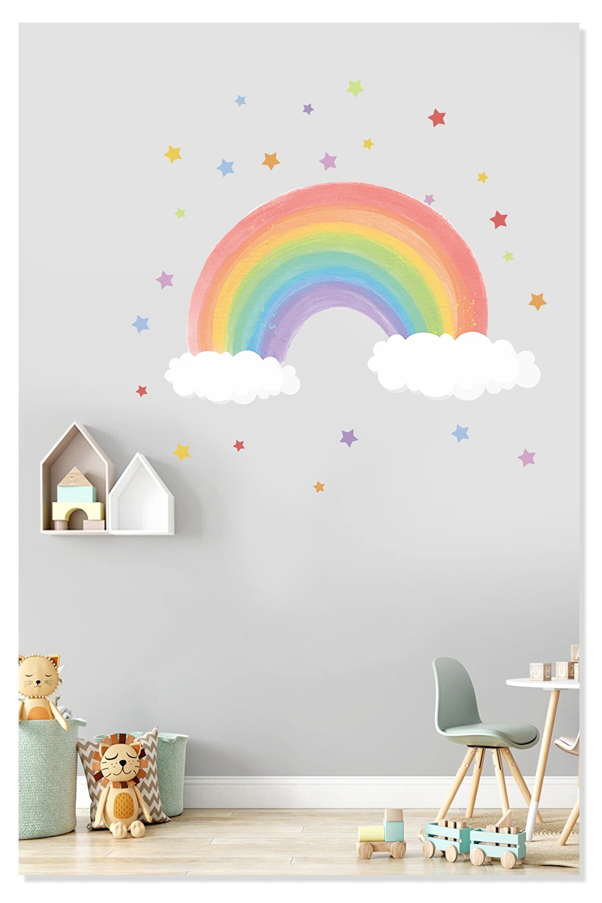 Sticker Sepetim Soft Gökkuşağı Bulutlar Ve Renkli Yıldızlar Dekoratif Çocuk Odası Duvar Sticker Duvar Süsü