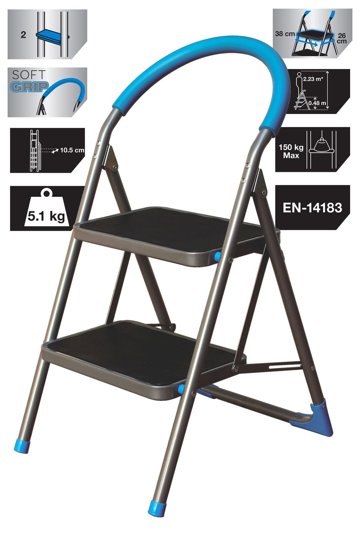 Binbirreyon Katlanabilir 2 Basamaklı Çelik Merdiven Geniş Basamaklı Kilitli Mavi Cg020