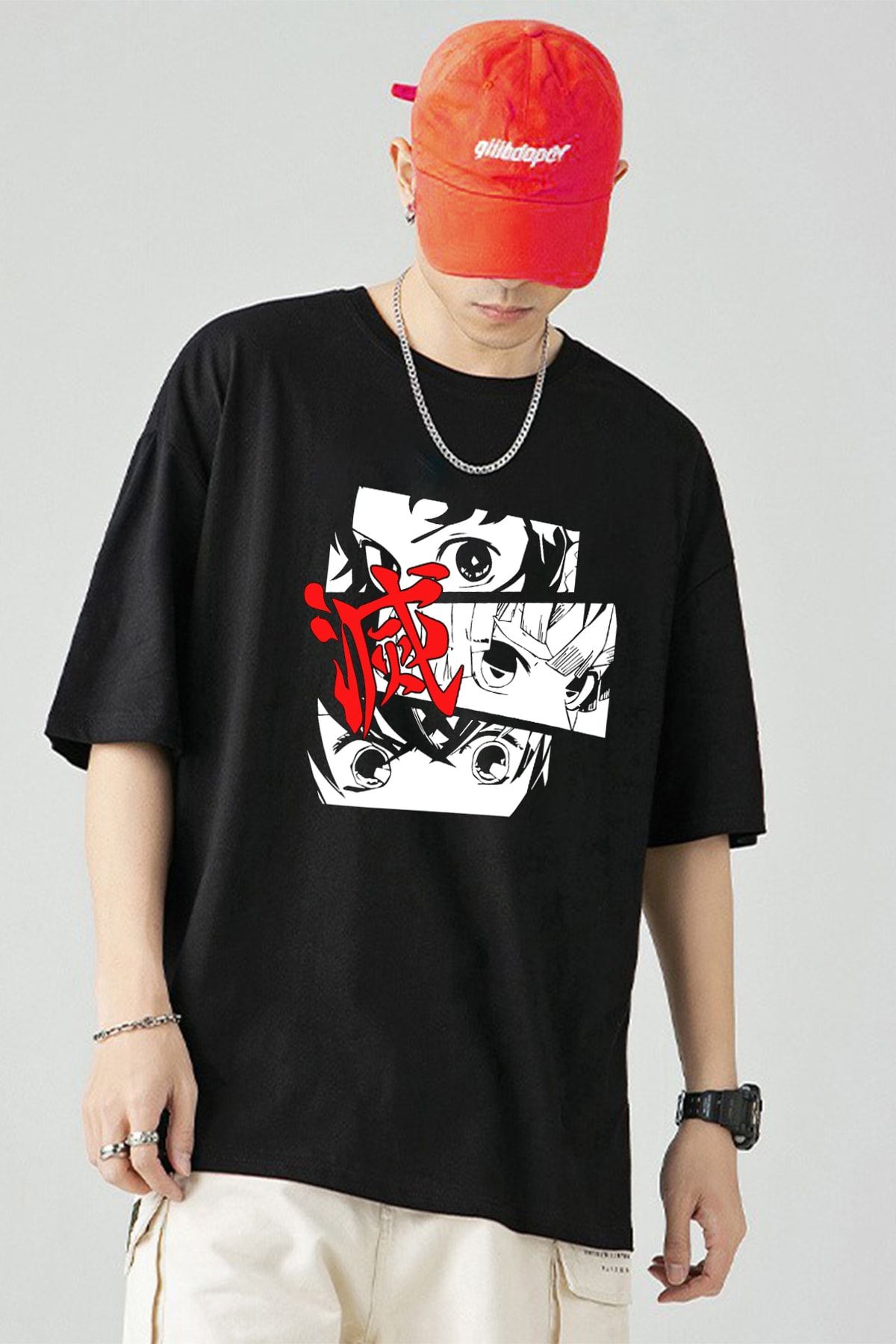 Freak Tshirt Siyah Renk Demon Slayer Büyük Baskılı Unisex Anime T-shirt