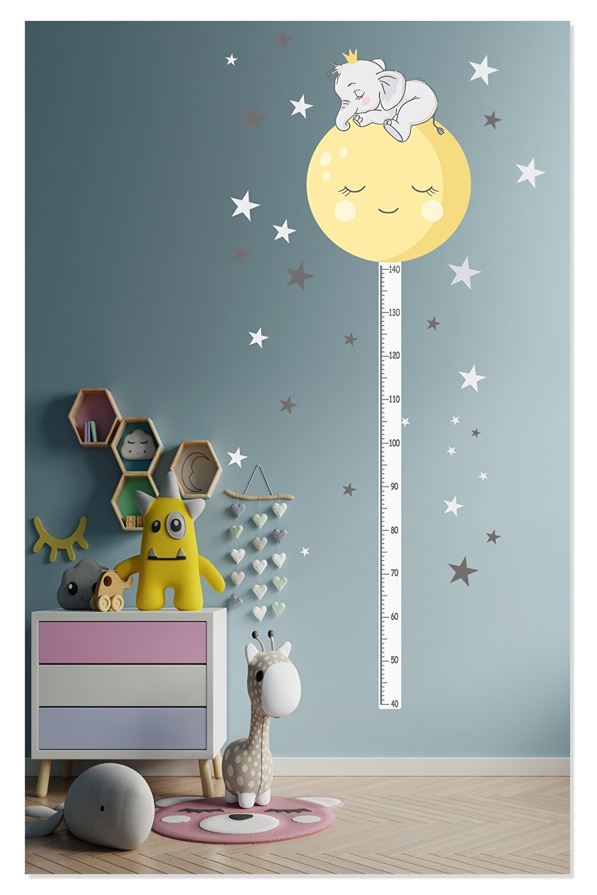 Sticker Sepetim Sevimli Uyuyan Fil Ve Ay Boy Ölçer Çocuk Odası Duvar Sticker Duvar Süsü