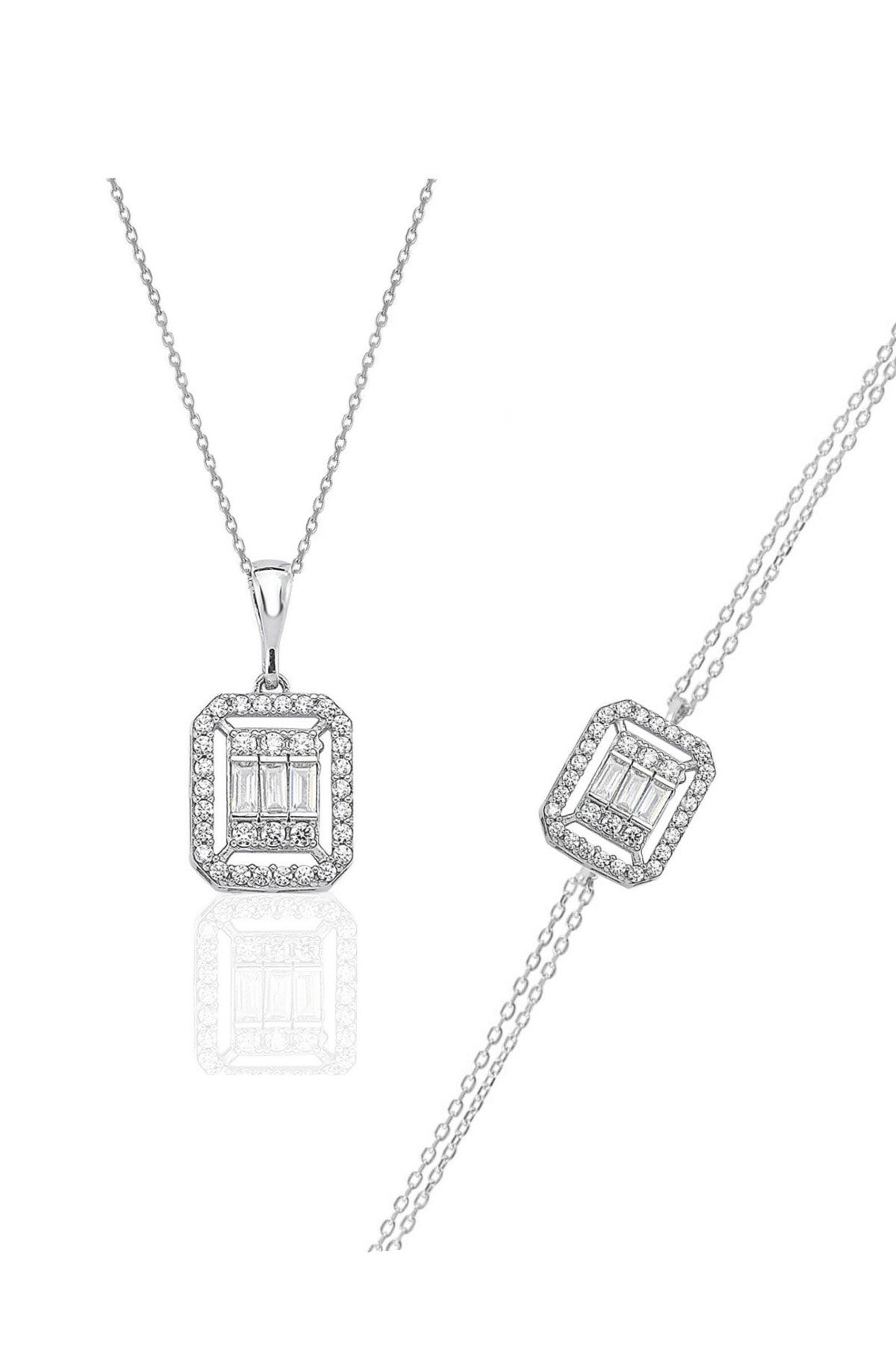 esjewelry Pırlanta Montür Baget Model Kadın Gümüş Bileklik Ve Kolye Seti