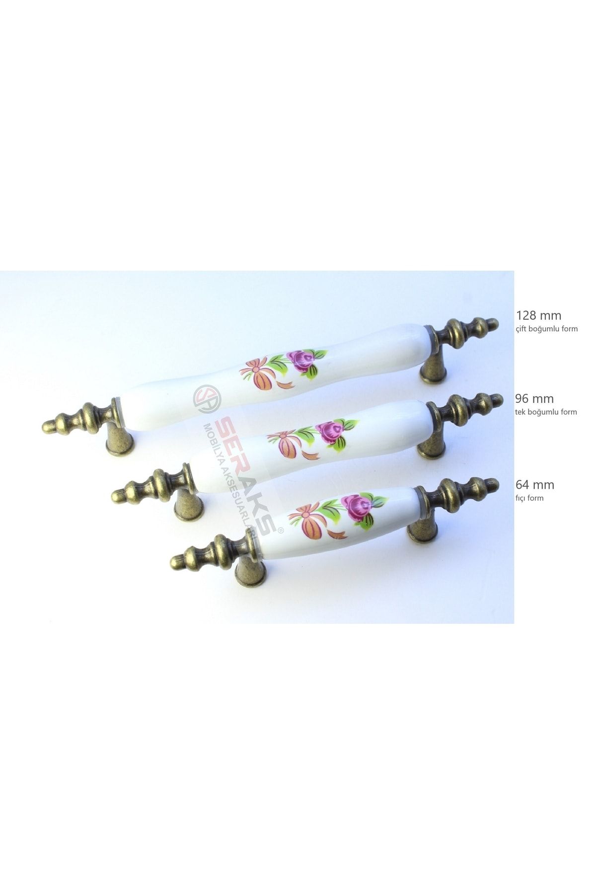 SERAKS MOBİLYA AKSESUARLARI 64 Mm - (6,4 Cm) Gerçek Porselen Kulp-antik Sarı Renk Bağlantı Ayağı-128 Fiyonklu Tek Gül Desen