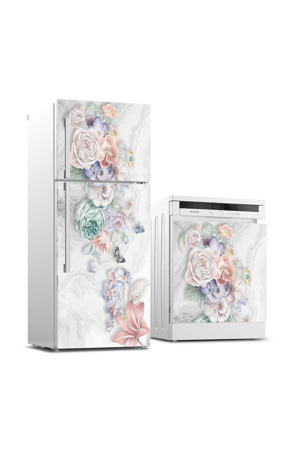 StickerArt Buzdolabı Ve Bulaşık Makinası Beyaz Eşya Sticker Kaplama Çiçekler Ve Kelebek