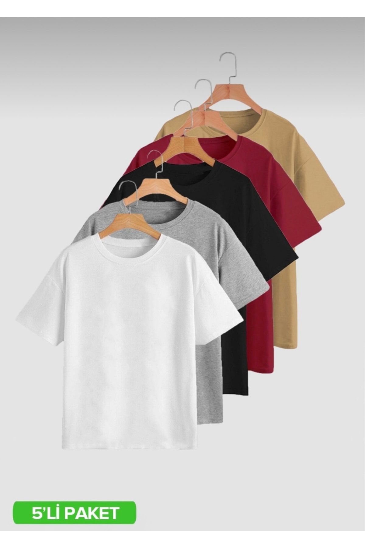 JAKARLI 5’li Paket Oversize Beyaz Gri Siyah Bordo Bej T-shirt