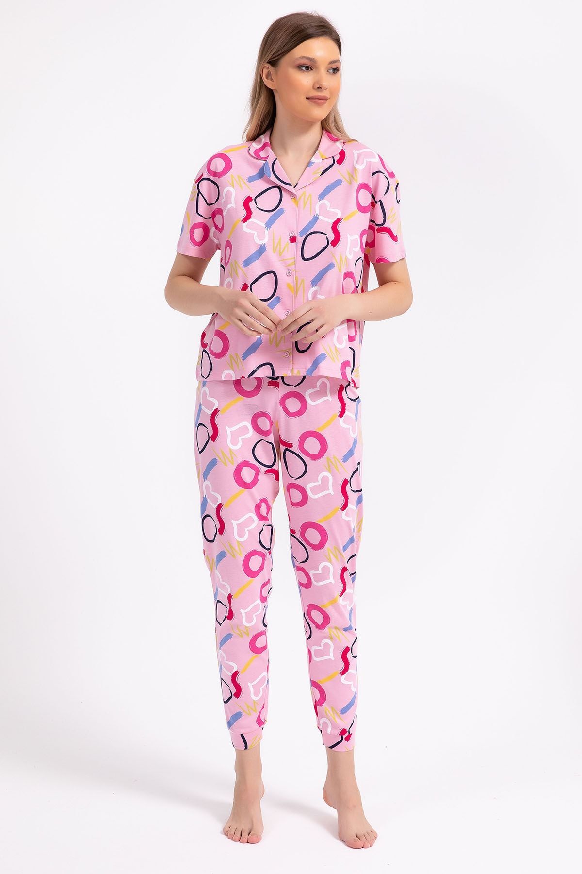 Rolypoly Love Pembe Kadın Gömlek Pijama Takımı