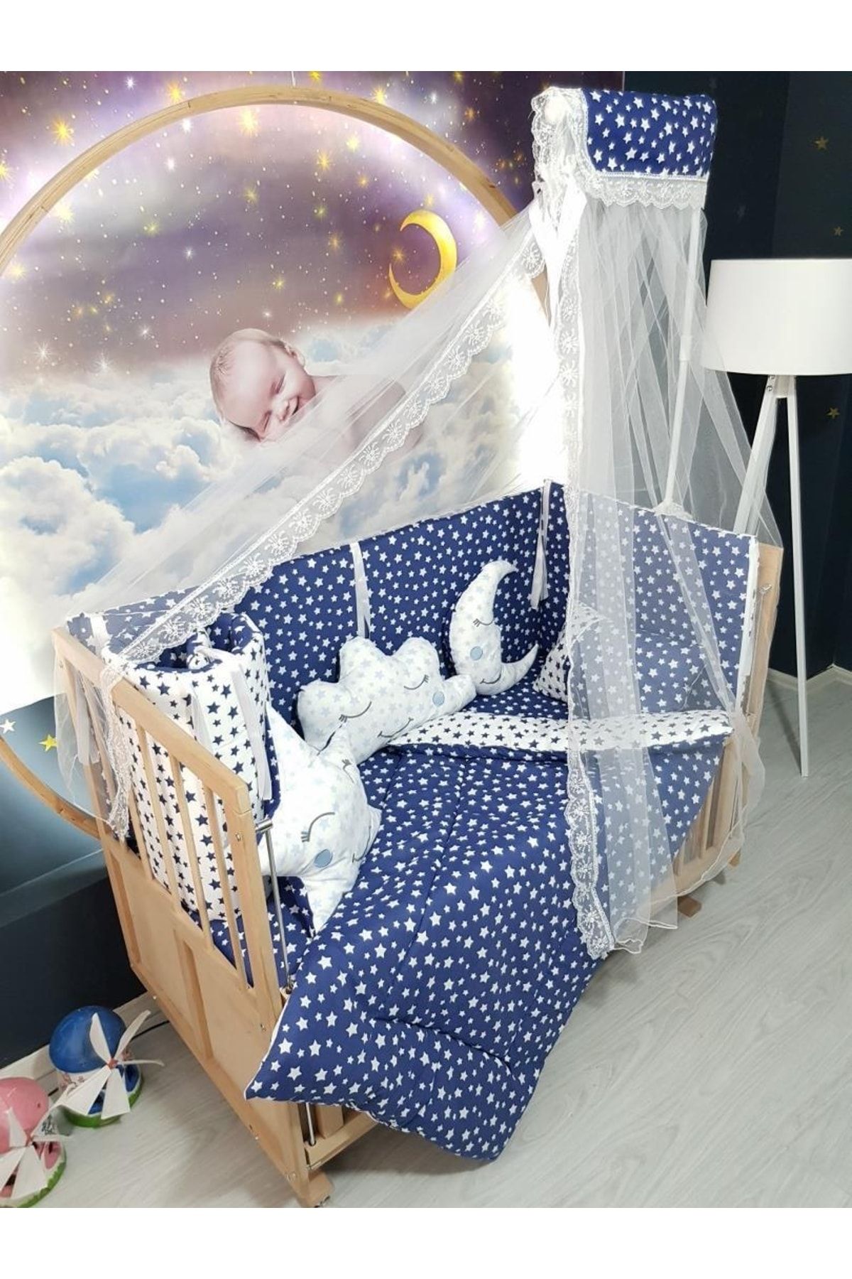 bebek iklimi 60x120 Bebek Uyku Seti Cibinlikli Yıldız Desen 11 Parça (beşik Dahil Değildir)