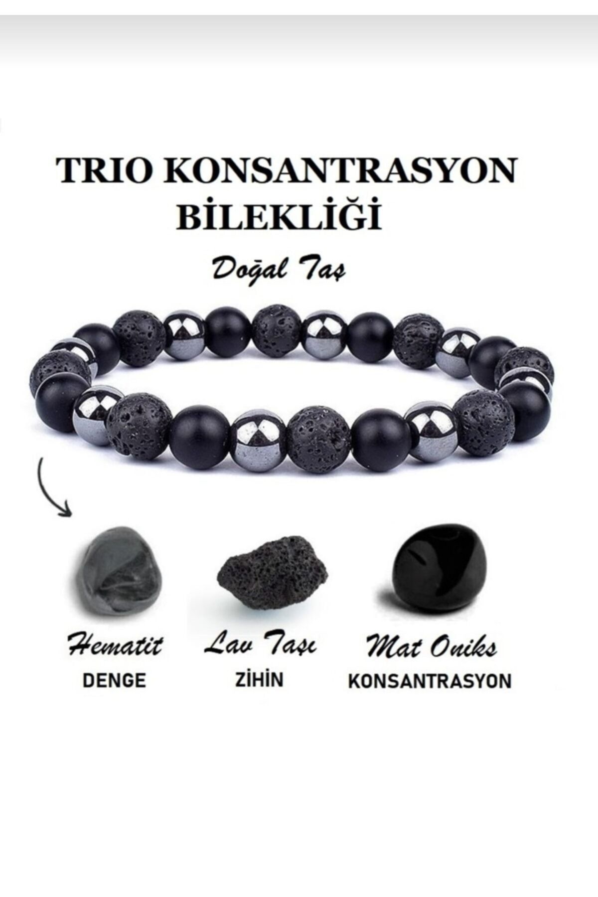 Mıçı Gerçek Lav Taşı, Oniks Ve Hematit Doğal Taş Bileklik Erkek Bileklik