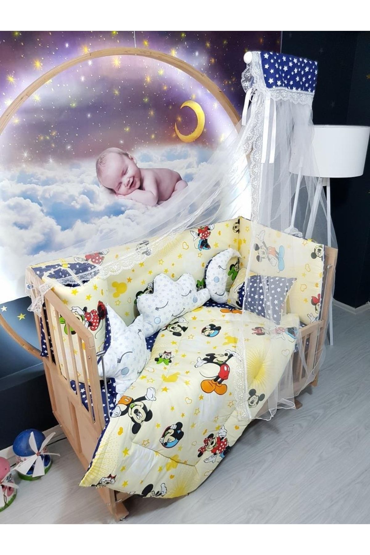 bebek iklimi 60x120 Bebek Uyku Seti Cibinlikli Mickey Desen 11 Parça (beşik Dahil Değildir)