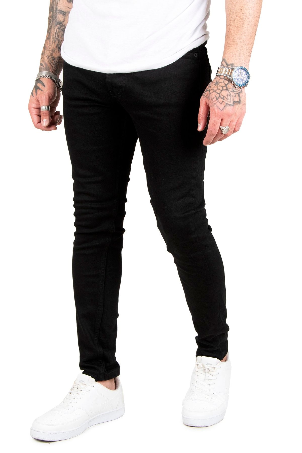 DeepSea Erkek Siyah Dar Kesim Arka Cep Metal Detaylı Kot Pantolon