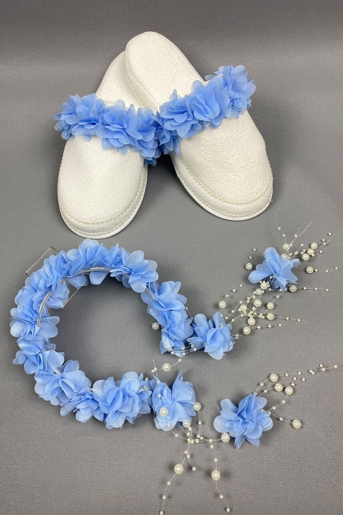 Hobigram Bebe Mavi Lazer Çiçekli Incili Taç Ve Lohusa Seti