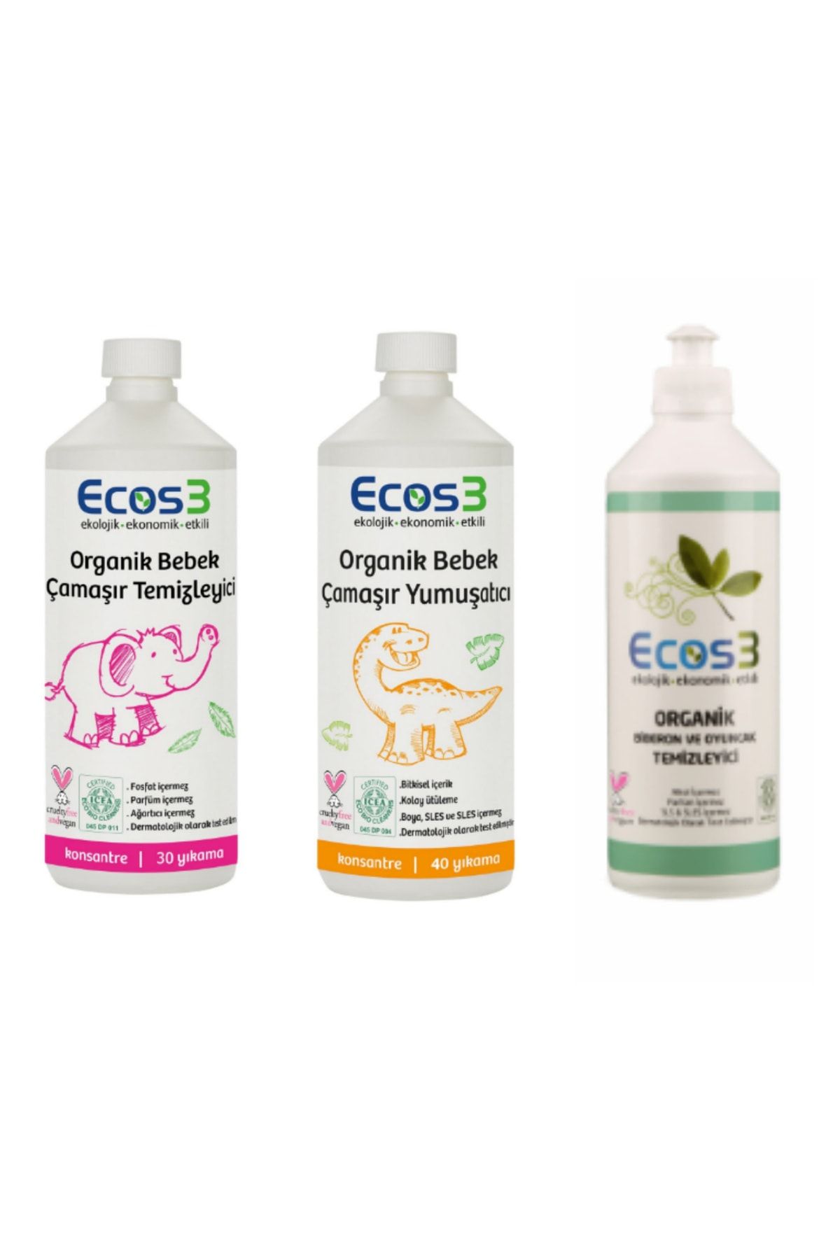Ecos3 Organik Bebek Temizlik 3'lü Set / Çamaşır Yumuşatıcısı & Temizleyicisi + Biberon Temizleyicisi /