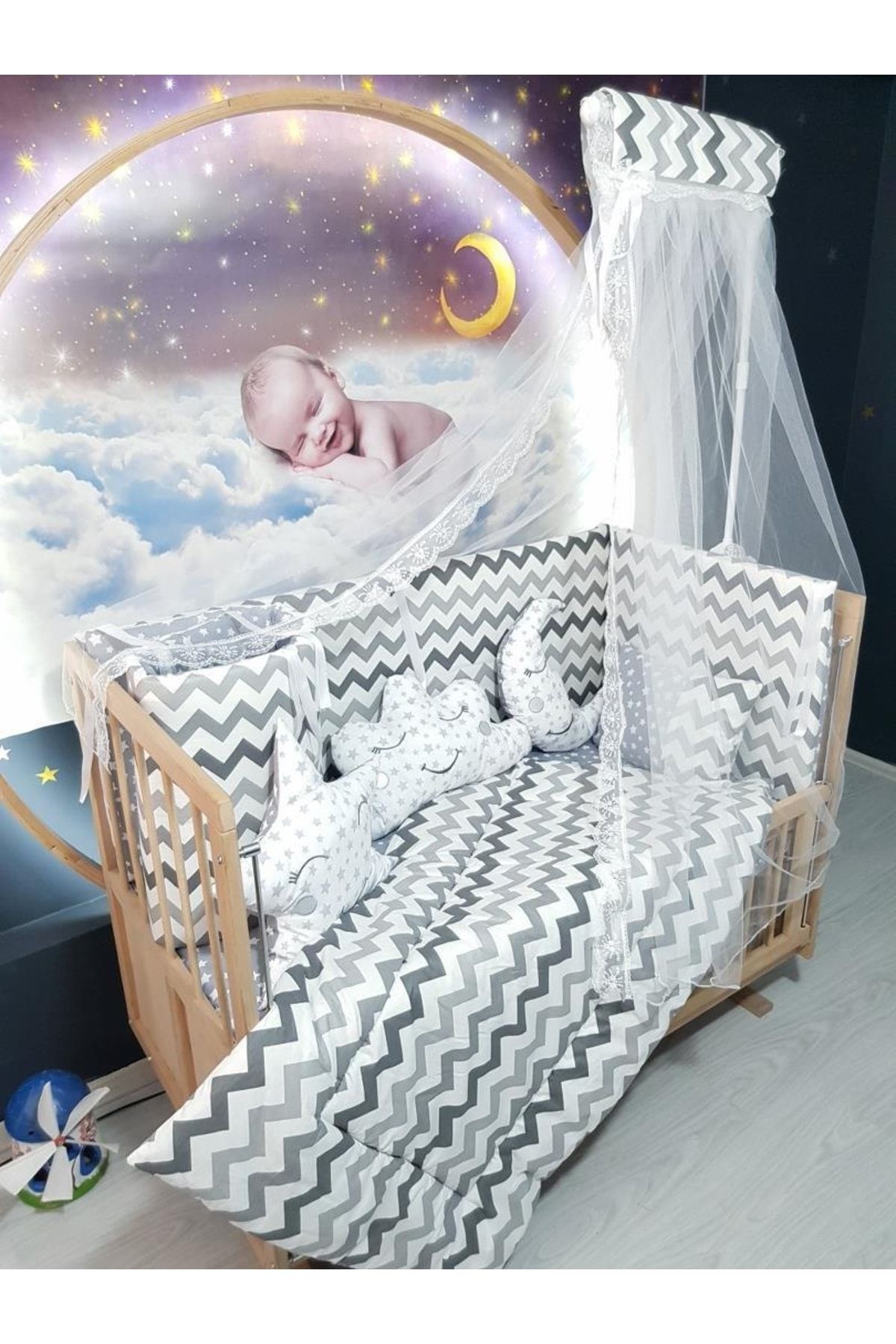 bebek iklimi 60x120 Bebek Uyku Seti Cibinlikli Zigzag Desen 11 Parça (beşik Dahil Değildir)