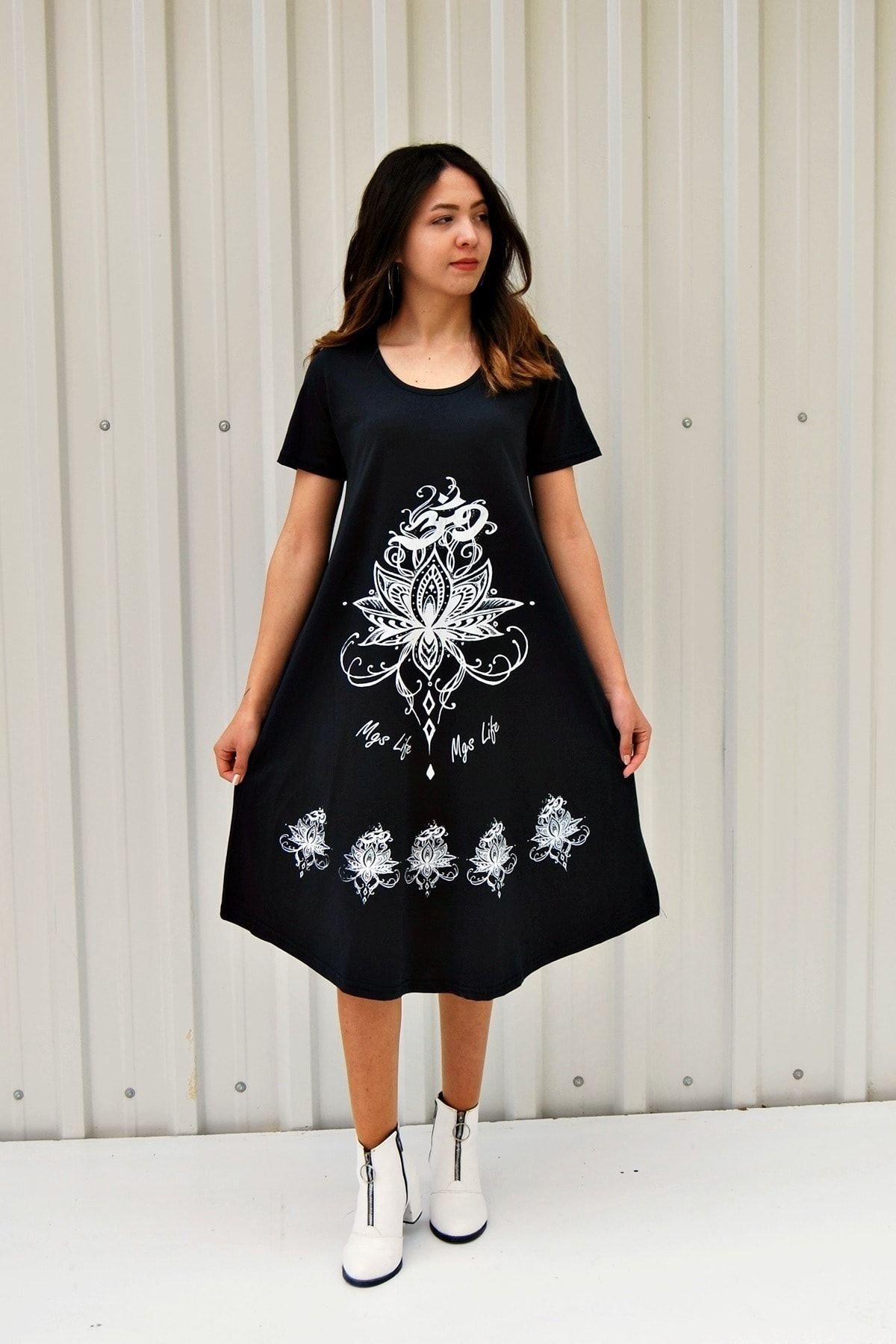 MGS LİFE Kadın Koyu Lacivert Kısa Kollu Çiçek Baskılı Çan Etek Elbise