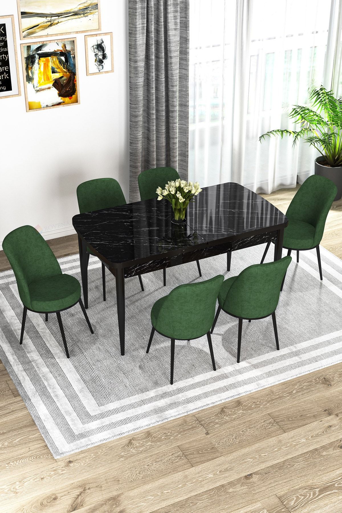 Rovena Leona Siyah Mermer Desen 80x132 Mdf Açılabilir Mutfak Masası Takımı 6 Adet Sandalye