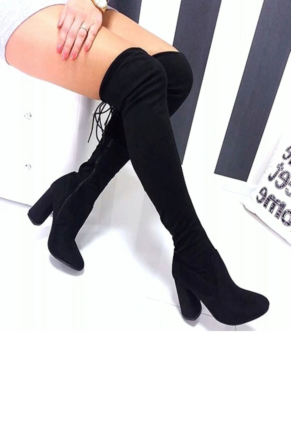 TrendyAnka Kadın Siyah Çorap Çizme, Yuvarlak Burunlu 8.5 Cm Topuklu Streç Çizme