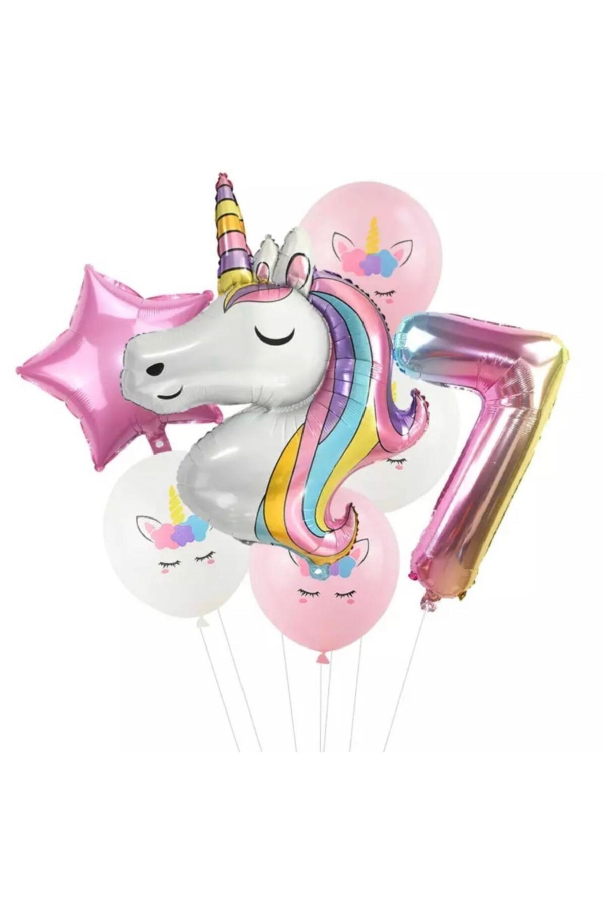 QUEEN AKSESUAR 7 Parça Dev Unicorn 7 Yaş Harf Yıldızlı Folyo Balon Seti Doğumgünü Yaşgünü