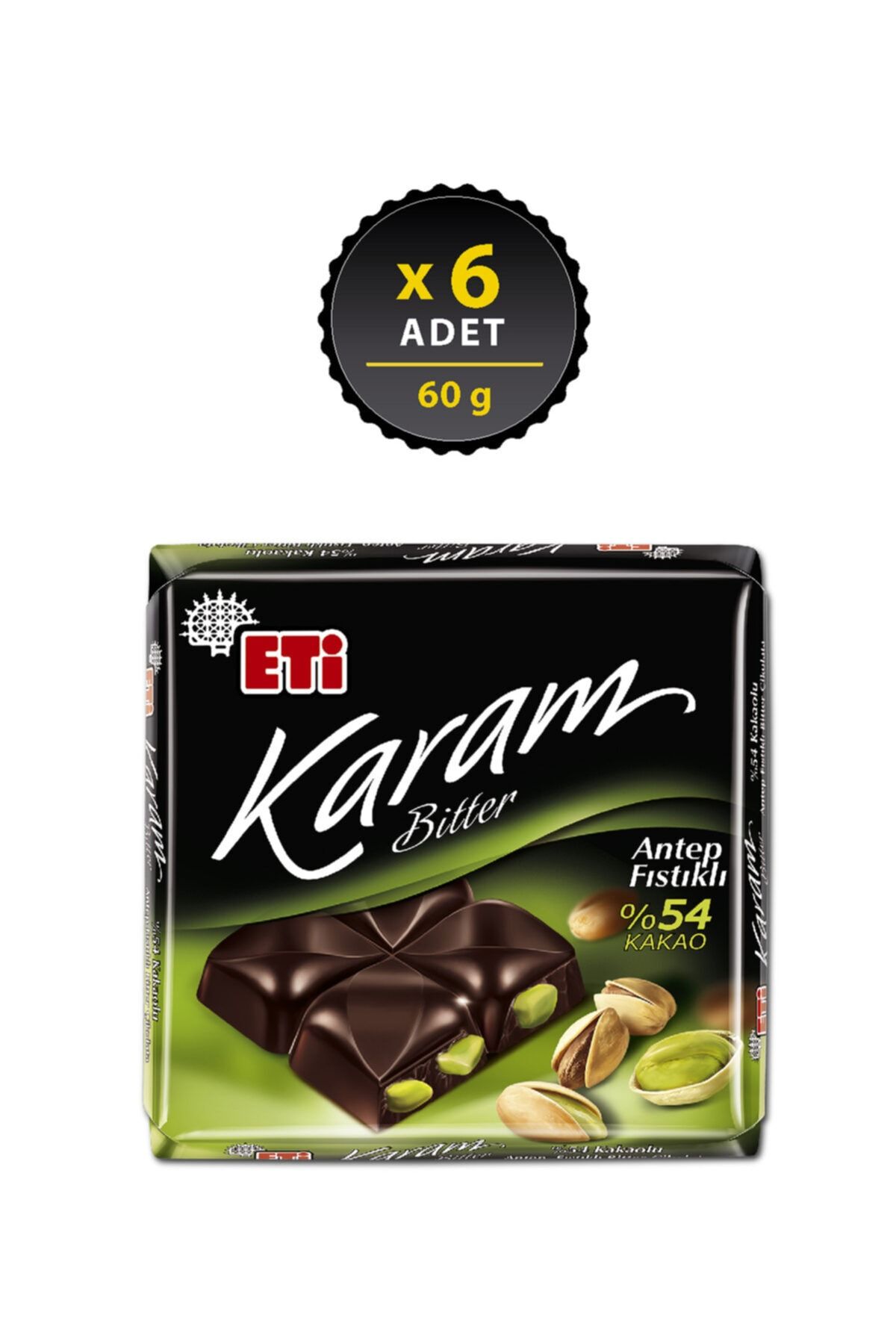 Eti Karam %54 Kakaolu Antep Fıstıklı Bitter Çikolata 60 g x 6 Adet
