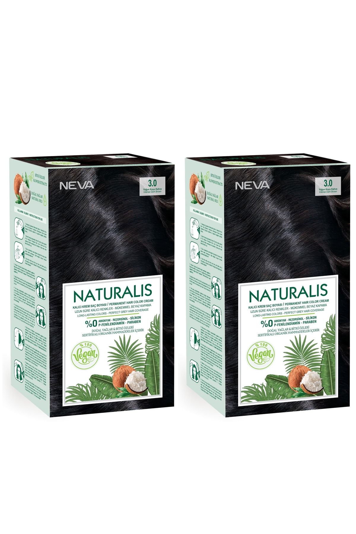 NEVA KOZMETİK Naturalis Saç Boyası 3.0 Yoğun Koyu Kahve %100 Vegan 2'li Set