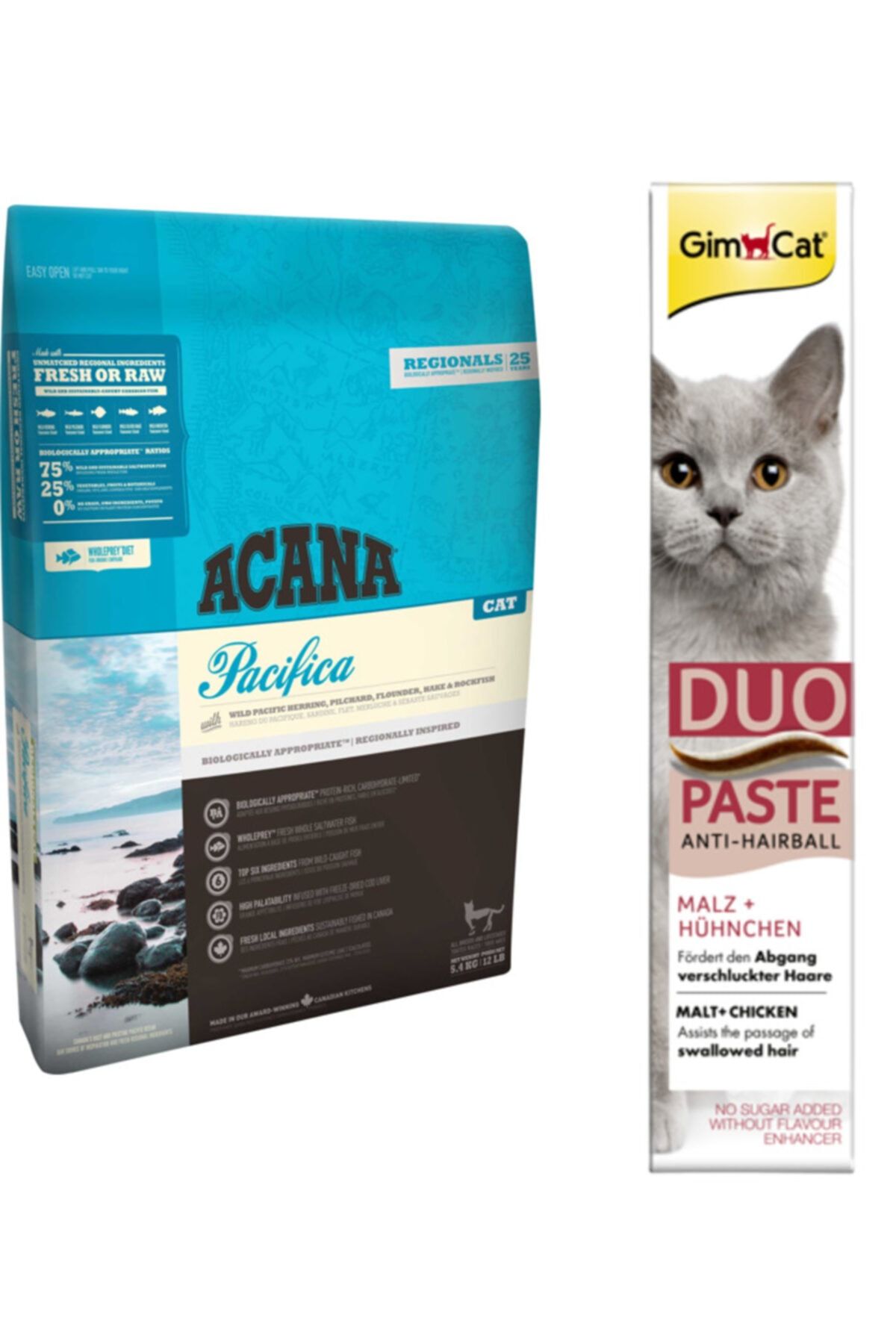 Acana Pacifica Kedi Maması 1,8 Kg + Gimcat Duo Paste Peynirli Anti-hairball Malt 50gr