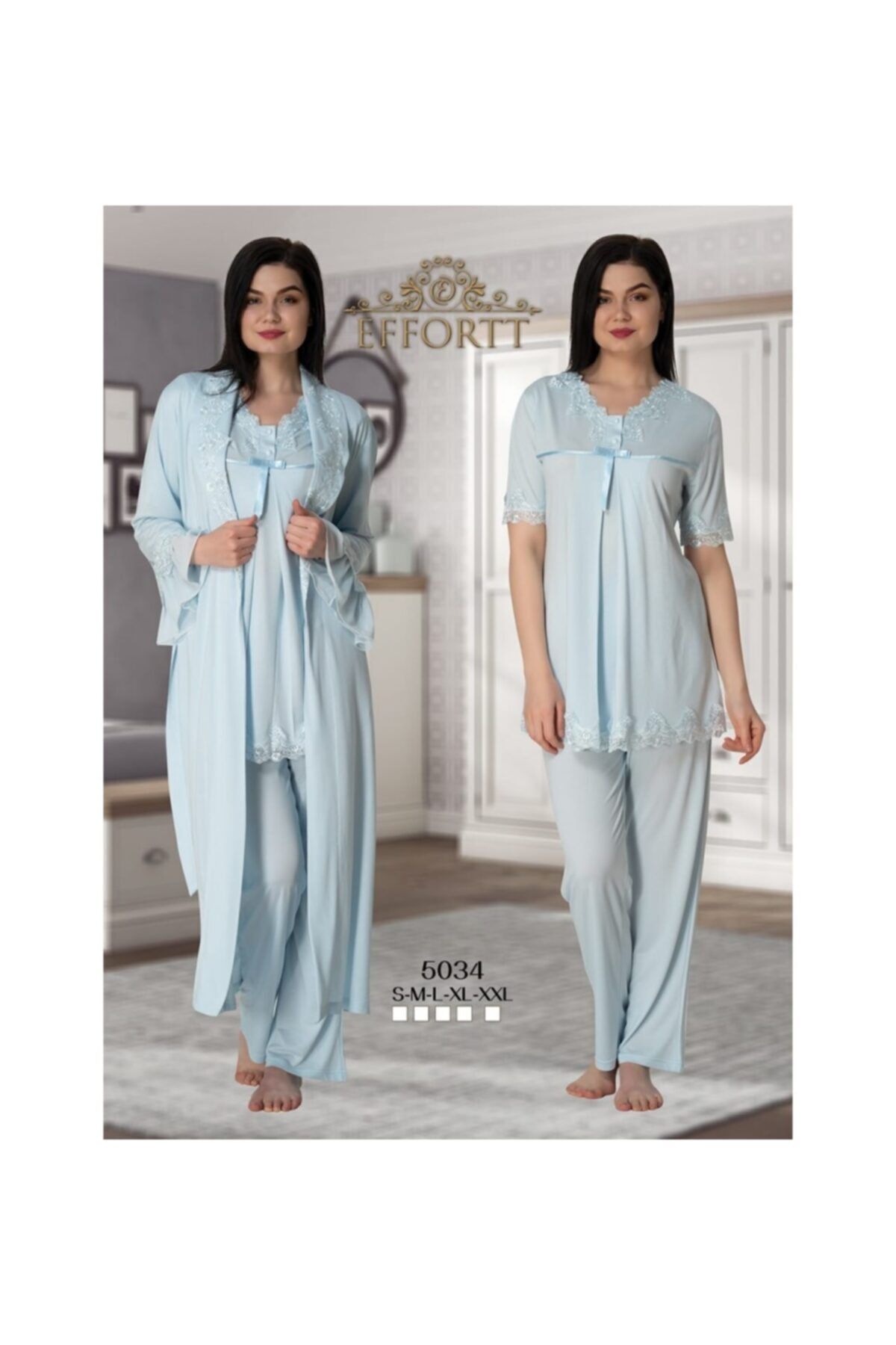 Effort Pijama Effort 5034 Mavi Sabahlıklı Lohusa Pijama Takımı