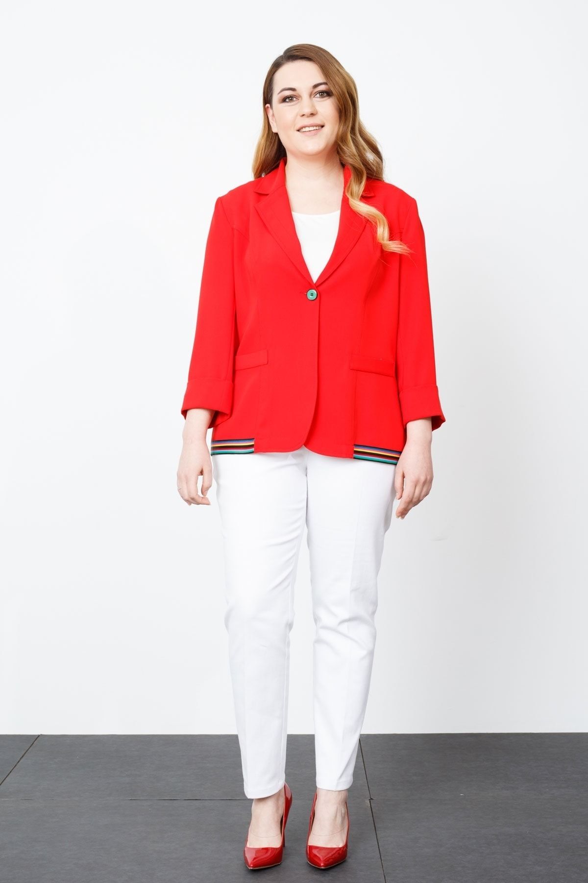 Moda İlgi Modailgi Şeritli Ceket Kırmızı