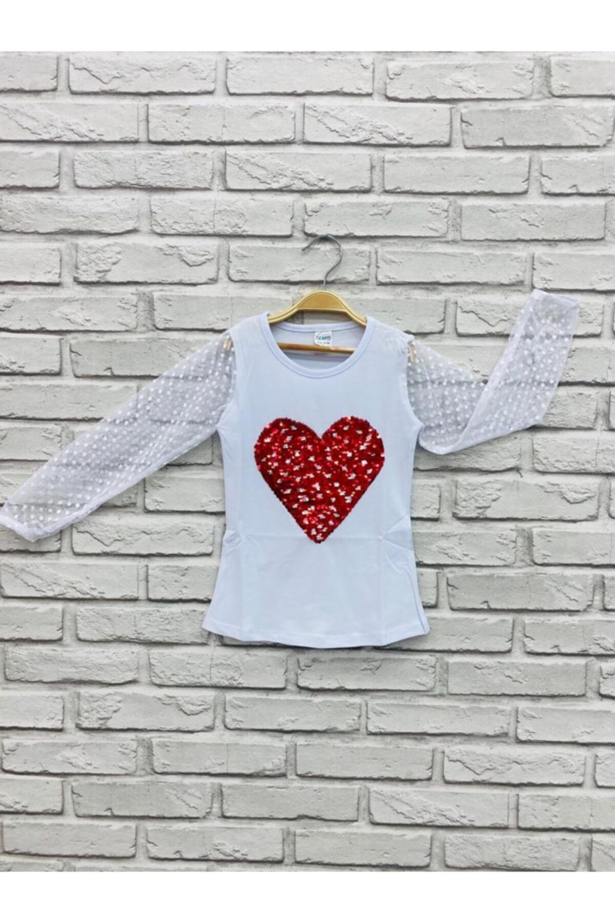 ZERDALİFE Kız Çocuk Beyaz Kırmızı Pullu Kalp Detaylı Kolu Tül T-Shirt 0001923