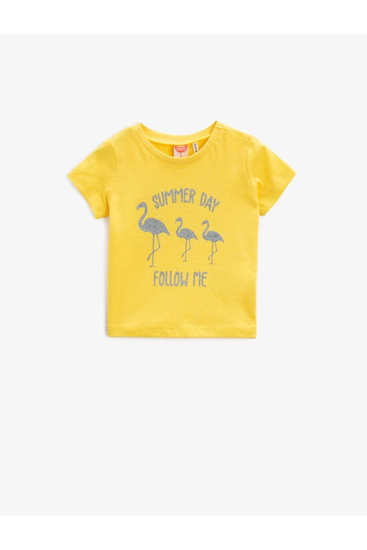 Koton Kız Bebek Sarı Kısa Kollu Yazılı Baskılı Simli Pamuklu T-Shirt