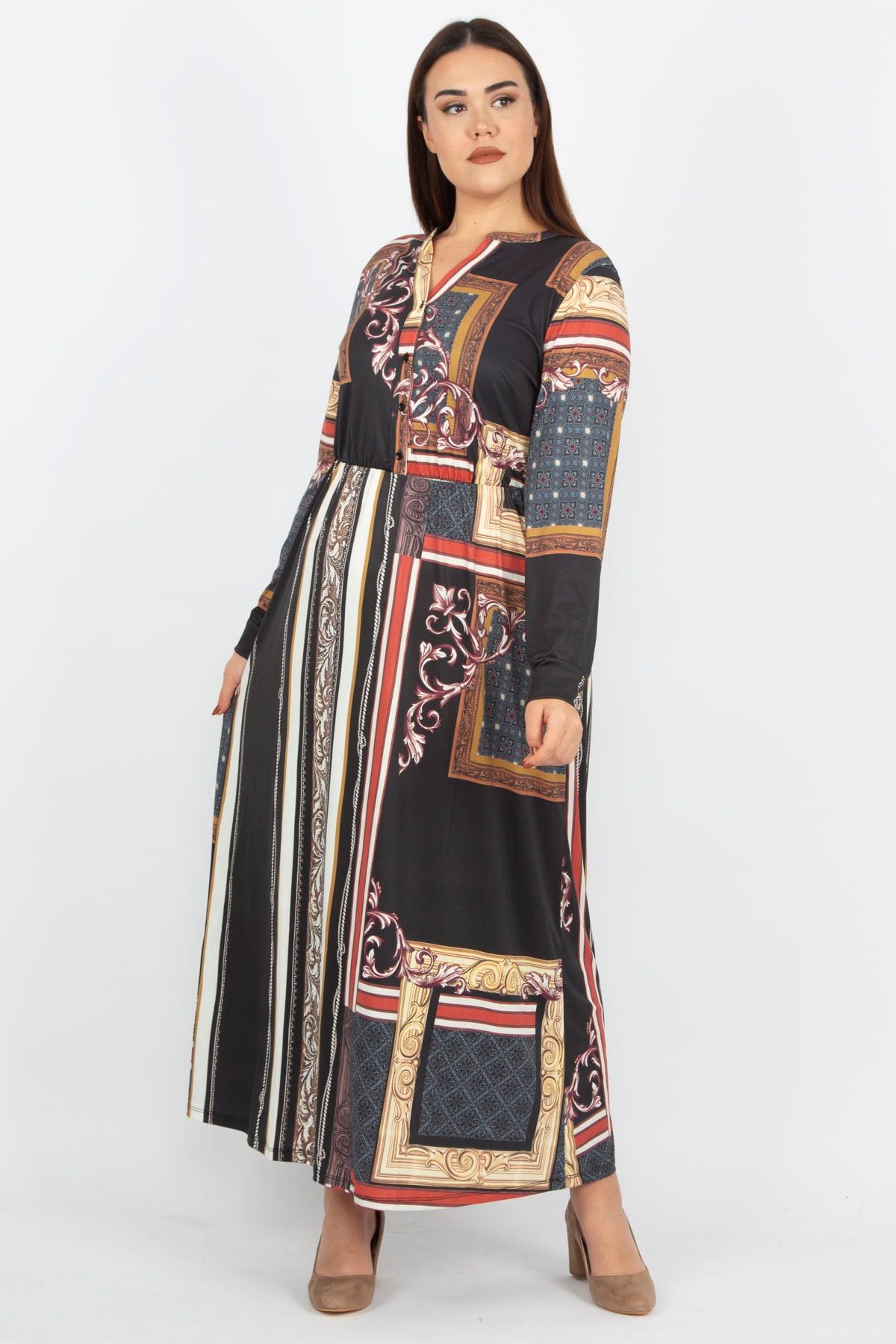 Şans Tekstil Kadın Renkli V Yakalı Pat Düğmeli Uzun Elbise 26a29046