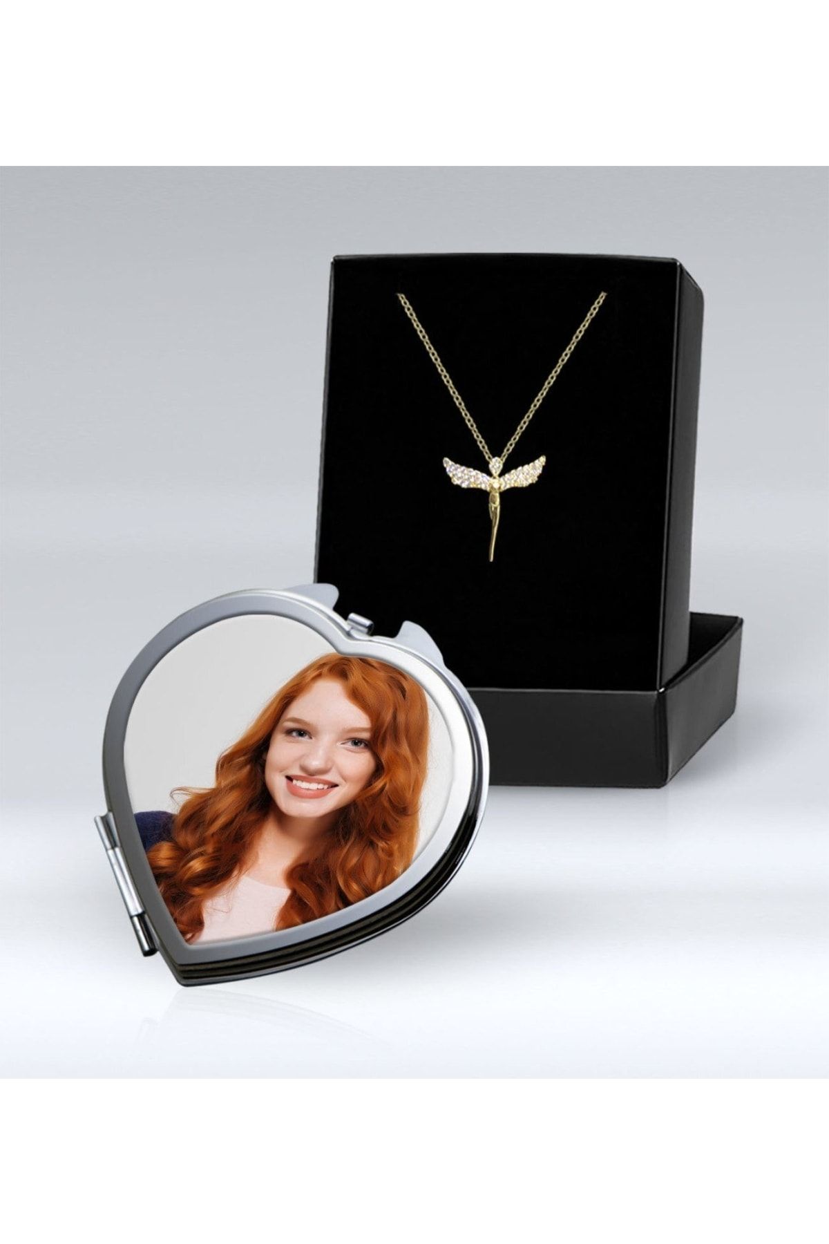 BK Zirkon Taşlı Gold Melek Kolye Ve Fotoğraflı Metal Kalp Ayna Set