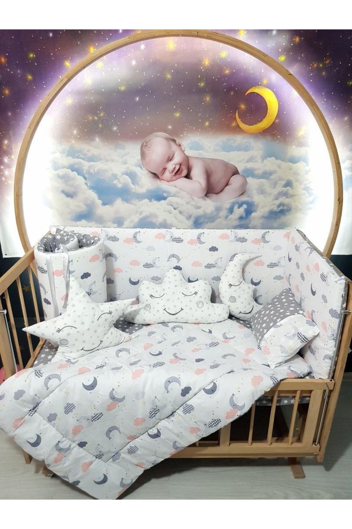 bebek iklimi 60x120 Bebek Uyku Seti Ay Yıldız Desen 9 Parça (beşik Dahil Değildir)