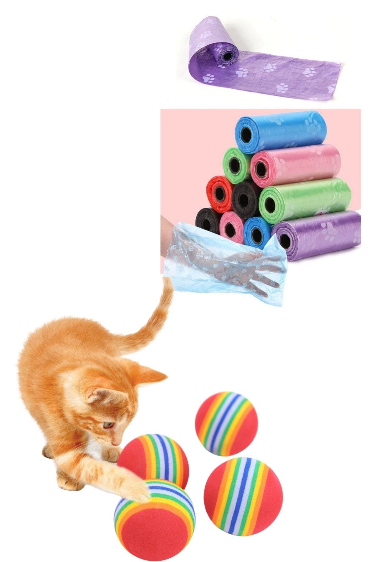 Buffer ® 4lü Pati Desenli Kedi Köpek Kaka Poşeti Ve 3lü Gökkuşağı Sünger Çiğneme Oyun Topu