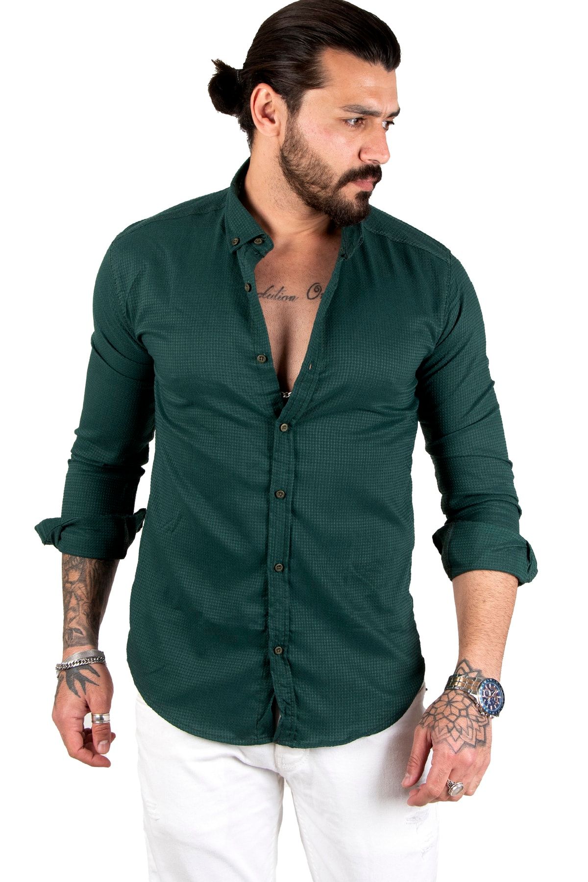 DeepSea Yeşil Noktalı Dar Kesim Düğmeli Likralı Uzun Kollu Erkek Gömlek 2001810