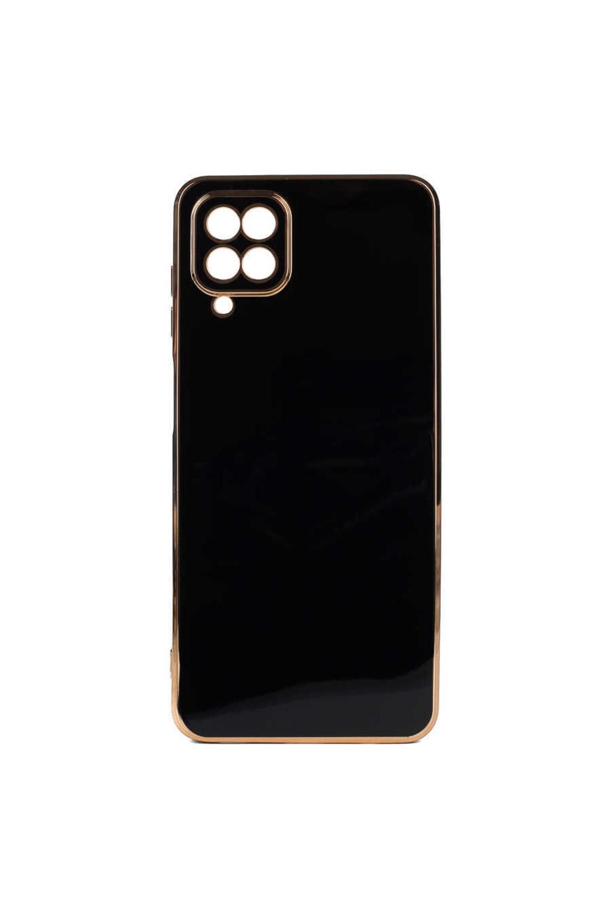 Fibaks Samsung Galaxy A12 - M12 Uyumlu Kılıf Parlak Kenarlı Altın Işlemeli Kamera Korumalı Kapak