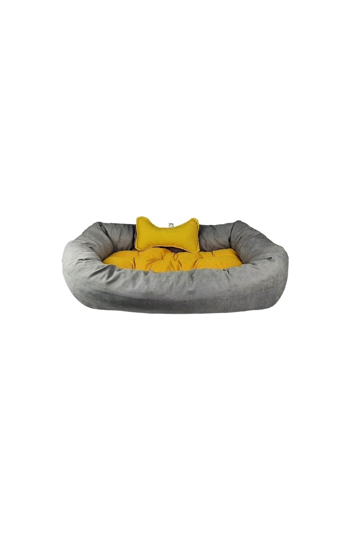 Patili Evler Sarı Gri Oval Büyük Boy Köpek Yatağı 70x90 Cm Kemik Yastıklı