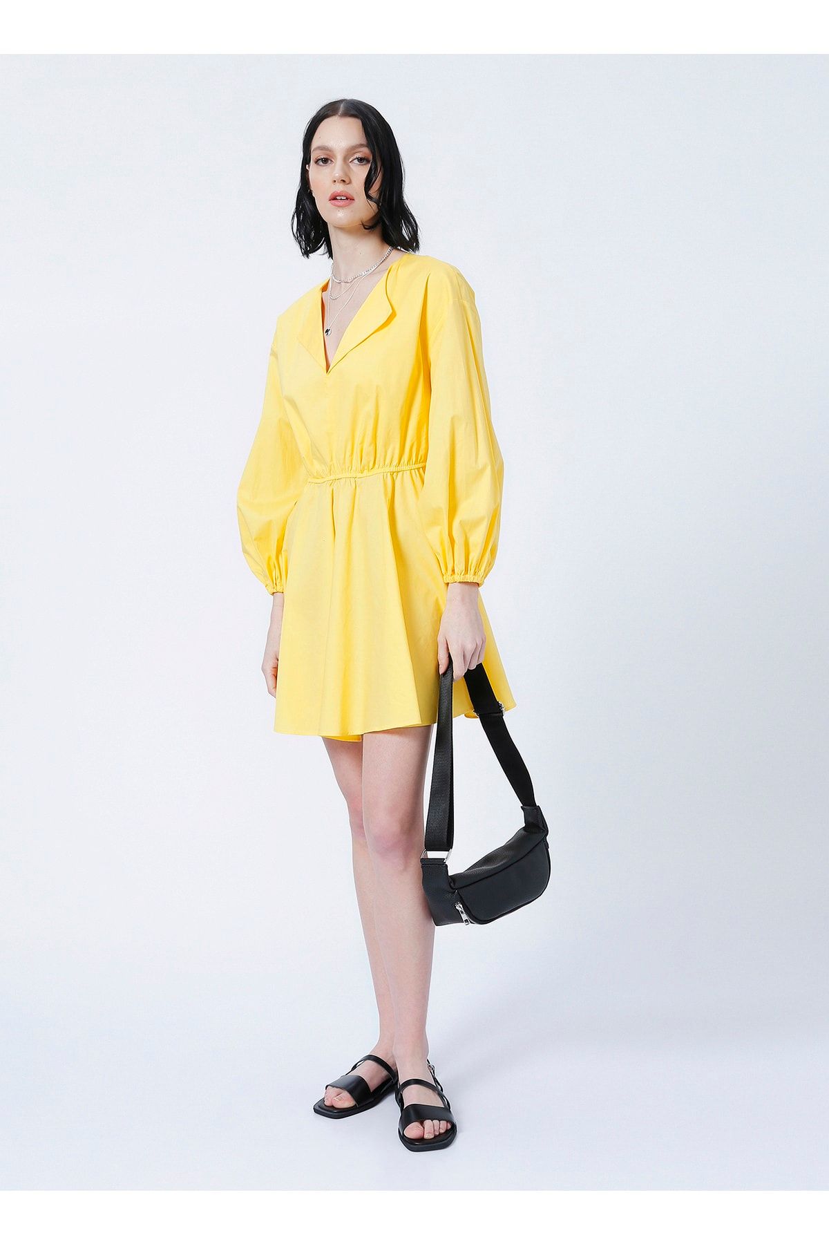 Fabrika Ym-06 V Yaka Basic Düz Sarı Kadın Elbise