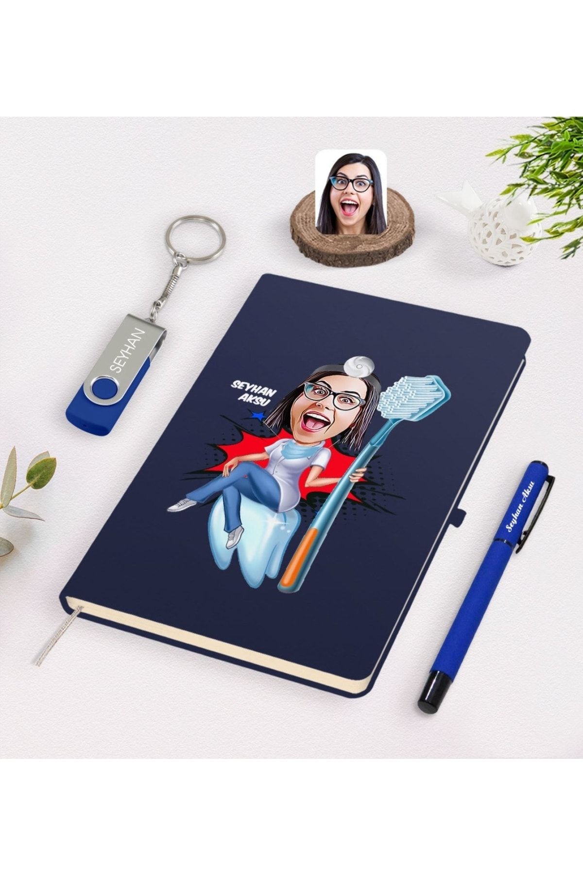 Bk Gift Kişiye Özel Kadın Diş Hekimi Karikatürlü Lacivert Defter Kalem 32gb Usb Bellek Hediye Seti-4