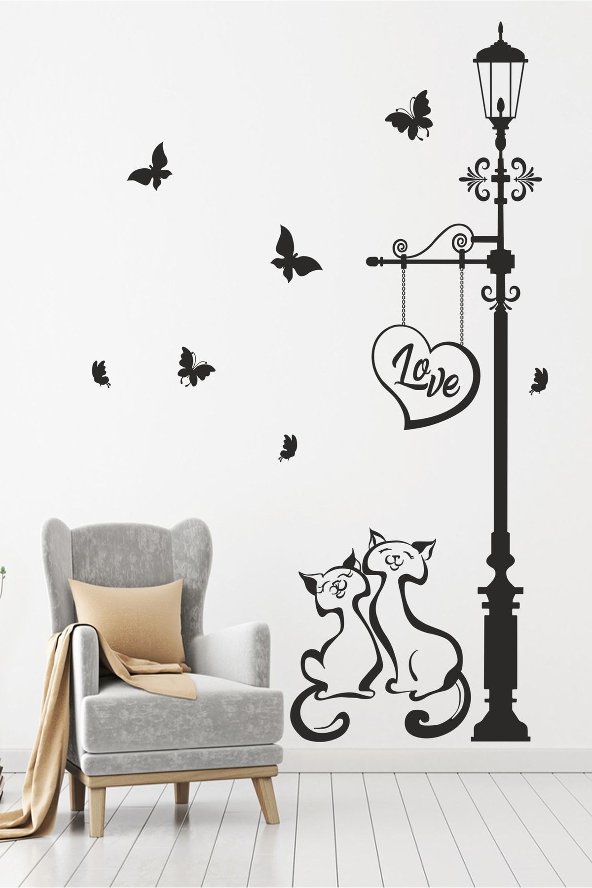 Sticker Sepetim Street Lamp And Cats Sokak Lambası Kediler Ve Kelebekler Dekoratif Duvar Sticker Duvar Süsü