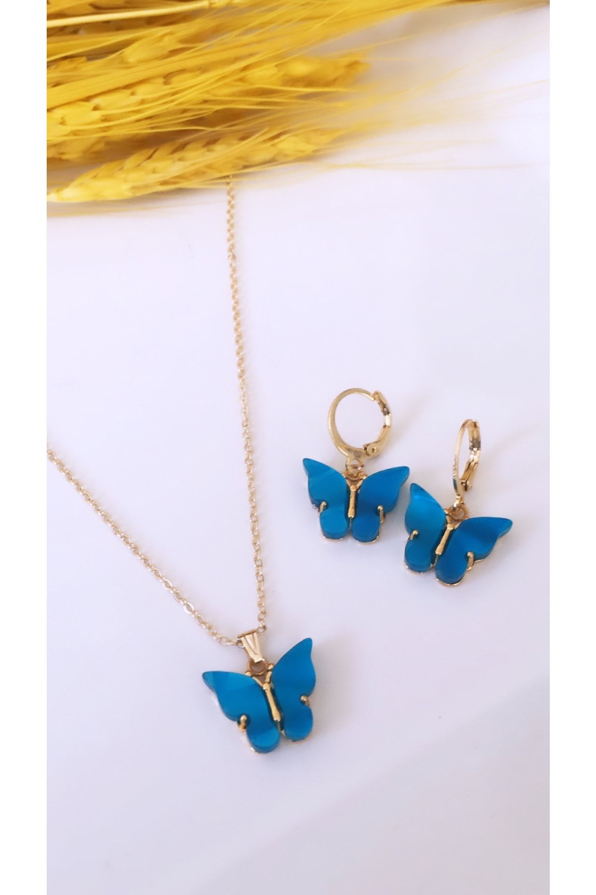 Gizemli Aksesuar Kadın Altın Kaplama Mavi Kelebek Figürlü Kolye Küpe Set
