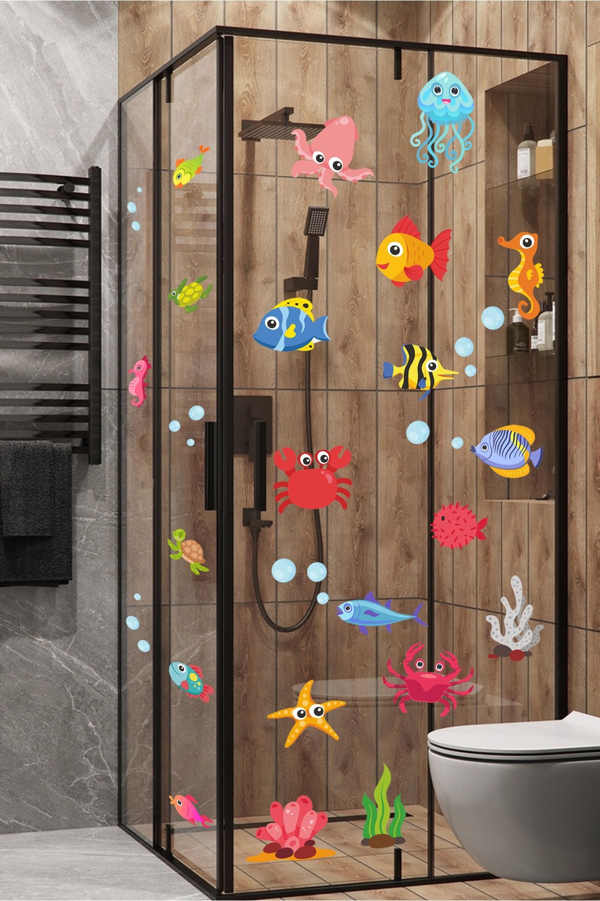 Sticker Sepetim Sevimli Deniz Canlıları Balık, Yengeç, Ahtapot Duşa Kabin Banyo Duvar Sticker Duvar Dekoru