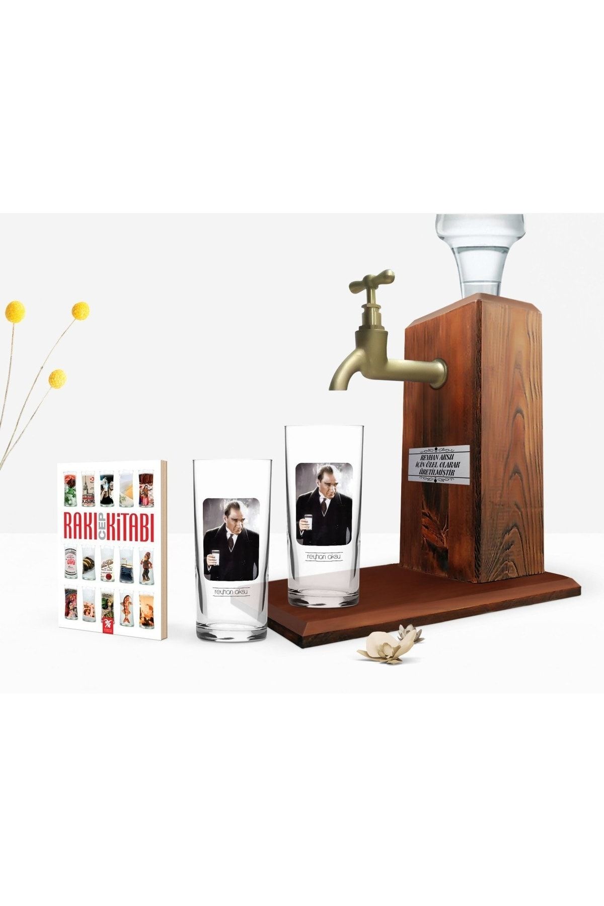 Bk Gift Kişiye Özel Renkli Baskılı Atatürk Temalı Ikili Rakı Bardağı Ahşap Rakı Standı Ve Cep Kitabı Hediye