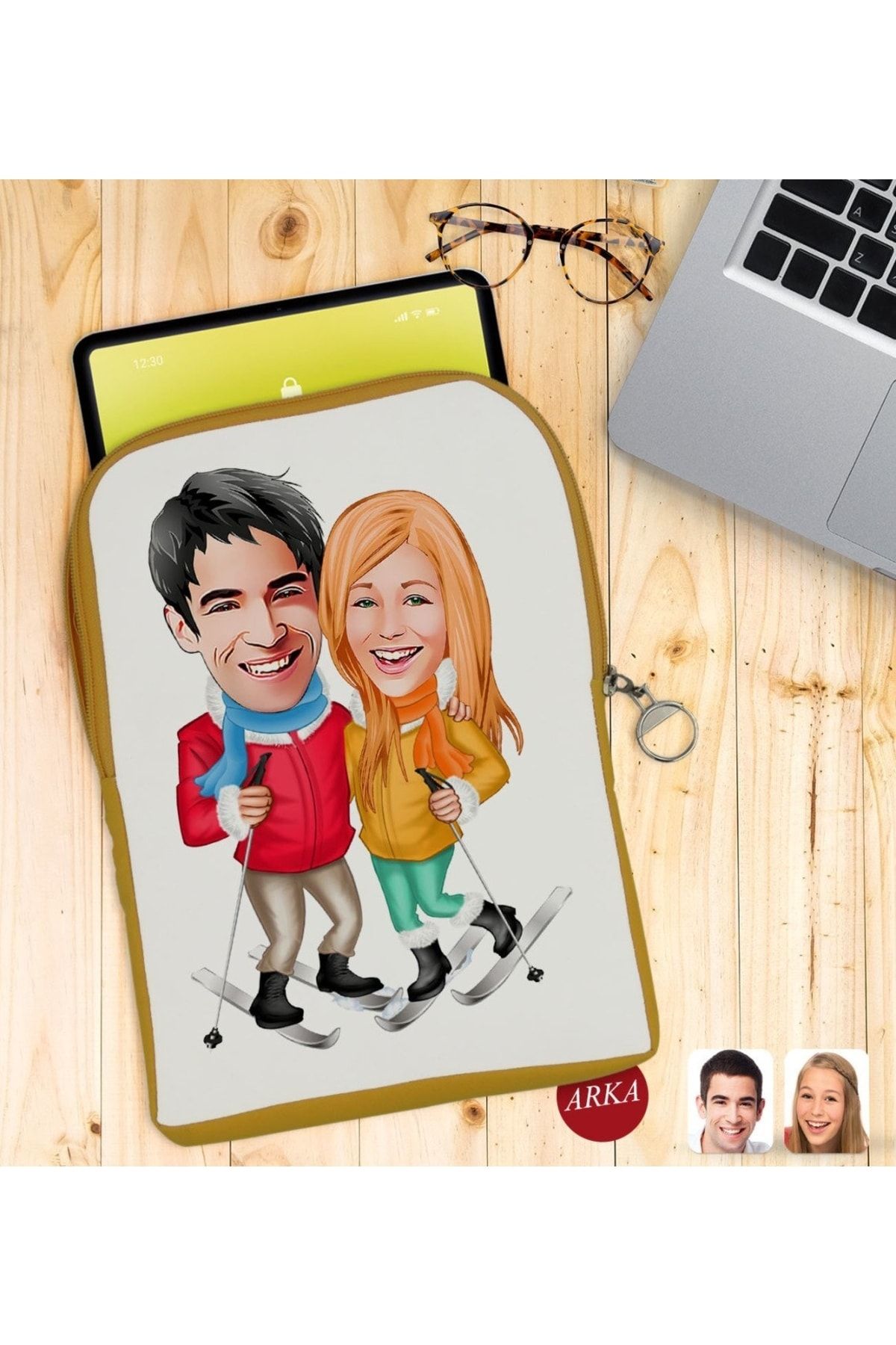 Bk Gift Kişiye Özel Sevgililer Karikatürlü Taşınabilir Koruyucu Tablet Kılıfı & Organizer Çanta - Sarı-107