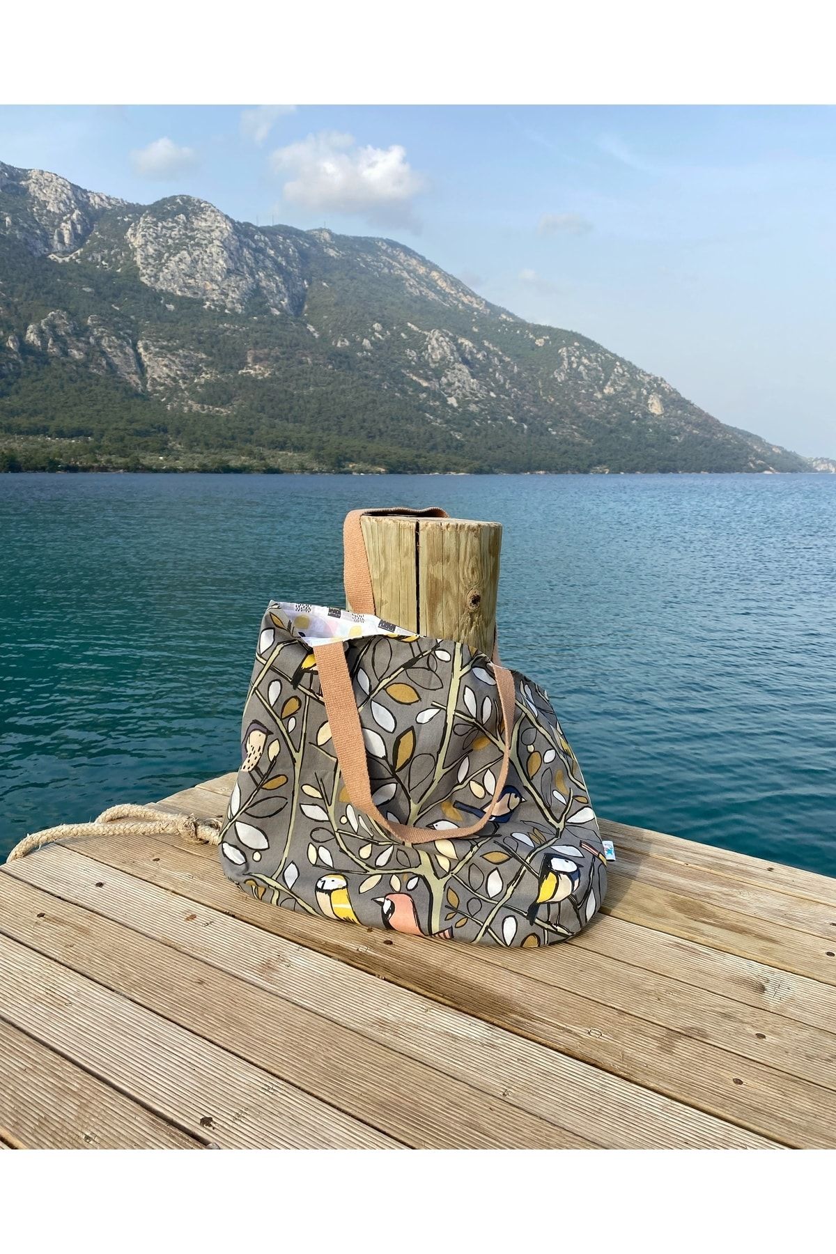 Karma Gri Kuşlu Duck Keten Kumaş 6 Cepli Çizgili Tote Bag Çanta
