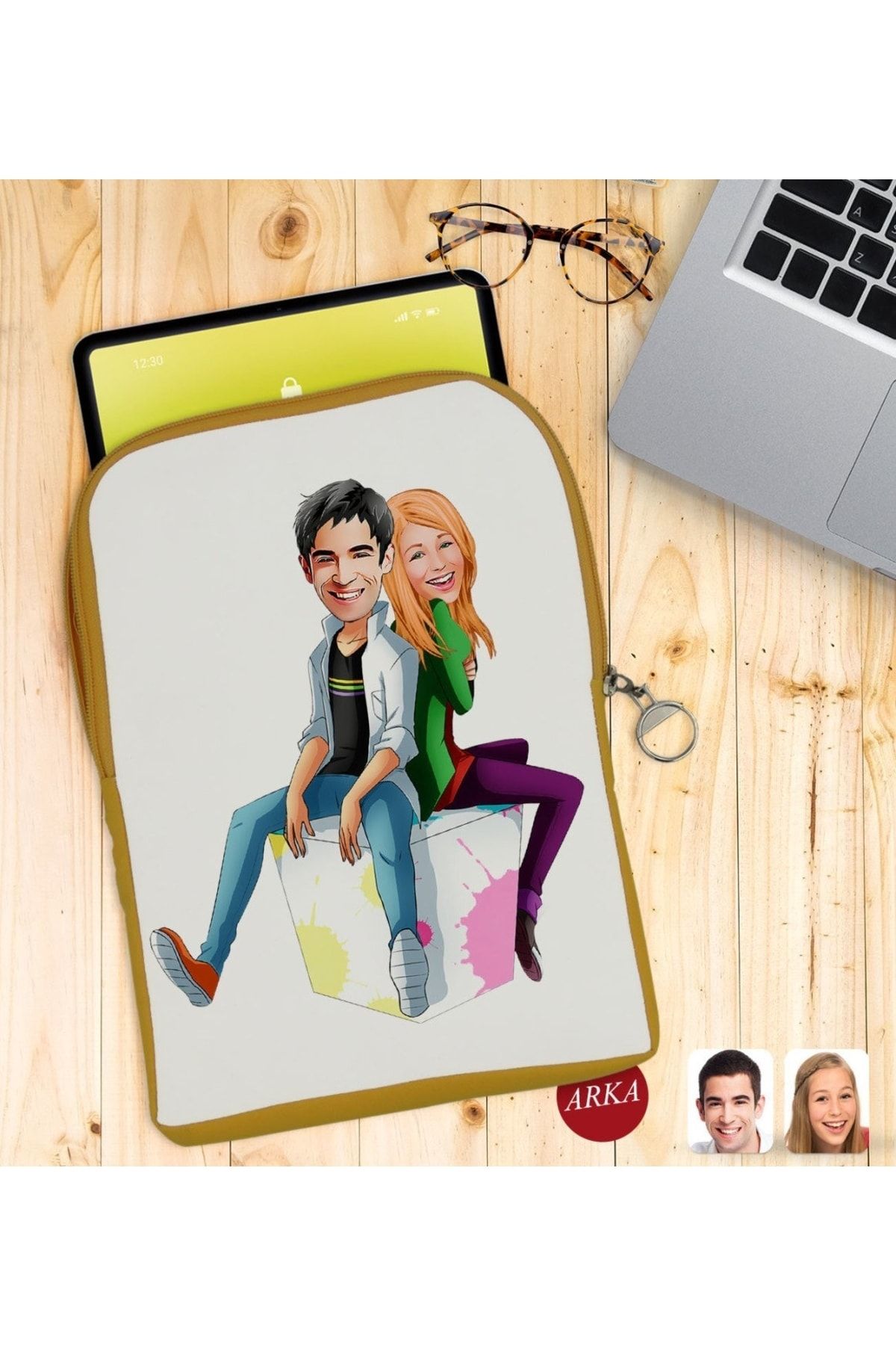 Bk Gift Kişiye Özel Sevgililer Karikatürlü Taşınabilir Koruyucu Tablet Kılıfı & Organizer Çanta - Sarı-35