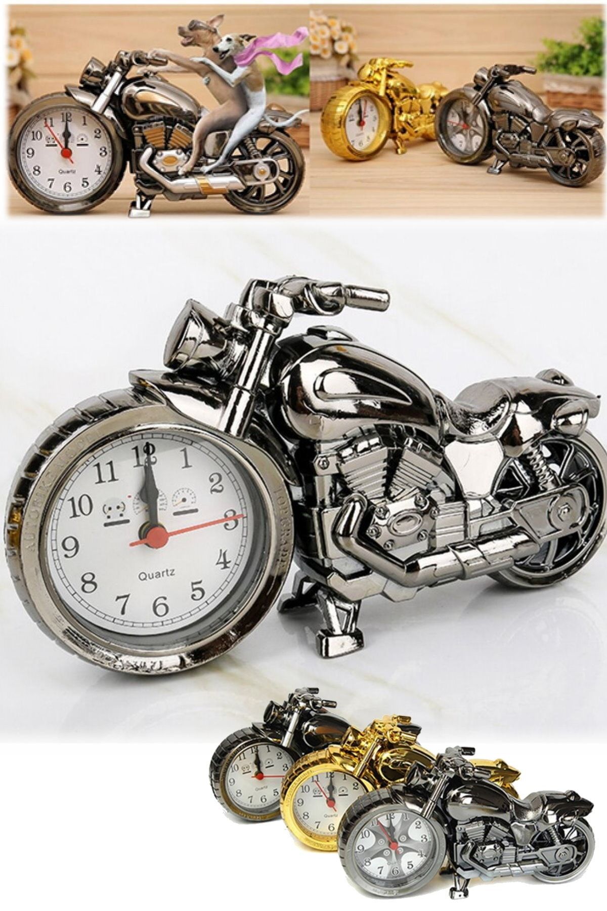 Utelips Retro Yaratıcı Biblo Ve Saat Şık Tasarım Kaliteli Dekoratif Chopper Masaüstü Saat