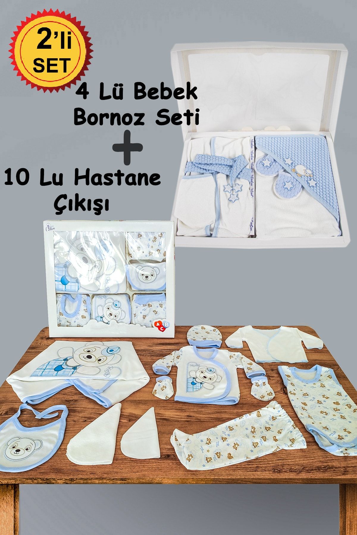 TangModa Hastane Çıkışı Erkek Bebek Mavi 10 Lu Yeni Doğan Giyim Seti Ve 4 Lü Bebek Bornoz Takımı Doğal Pamuk