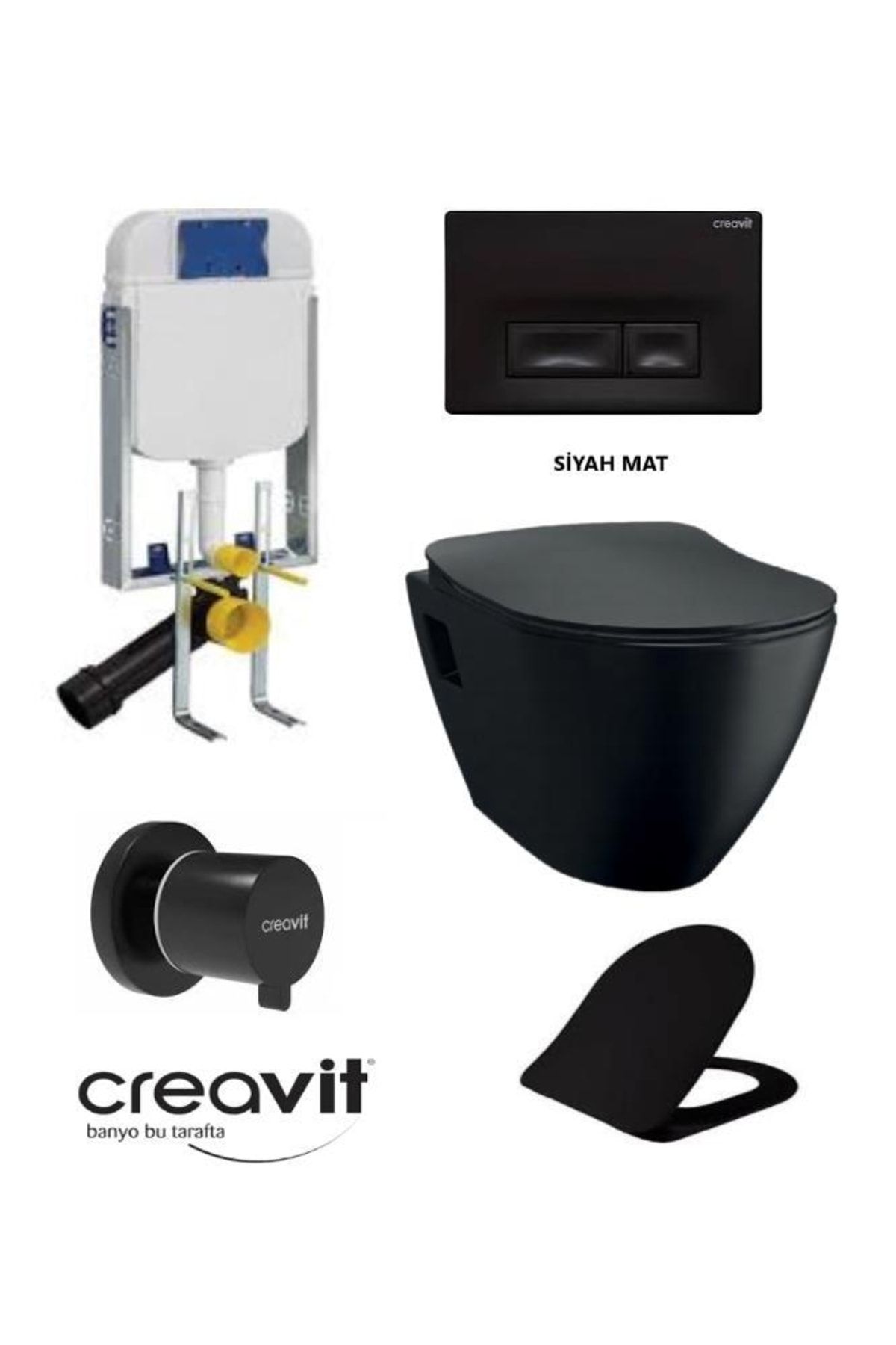 Creavit Tp325 Siyah Mat Asma Klozet Set + Duck Yavaş Kapanır Kapak Siyah Mat 5 Parça Set