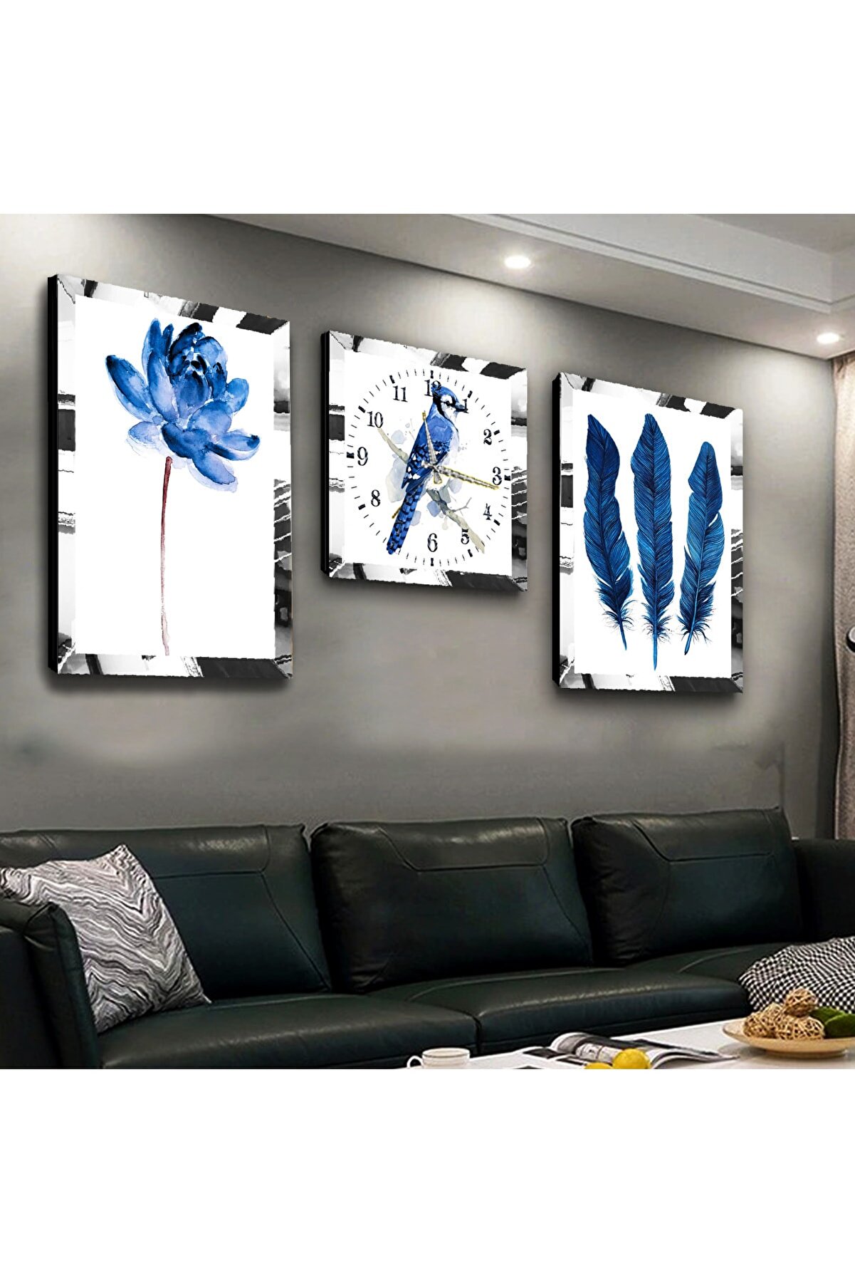 Zevahir Mobilya Dekorasyon Mavi Çiçek Pleksi Kenar 3�lü Mdf Tablo Ve